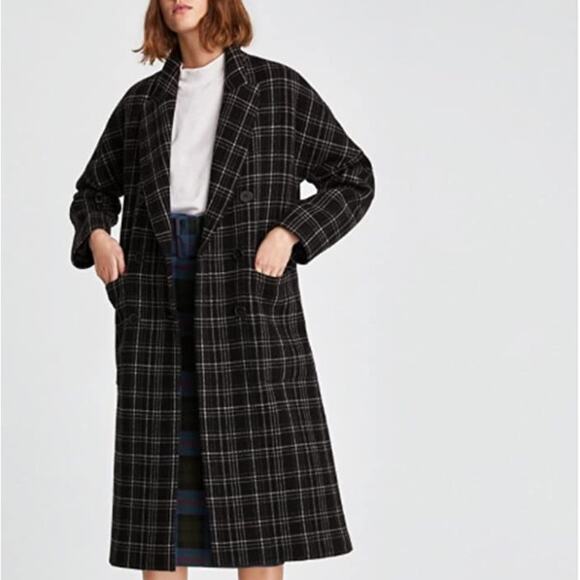 Zara Plaid Checked Double breasted Wool Long Coat Size XS - Picture 3 of 15